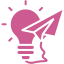 Pink lightbulb and paper airplane icon.