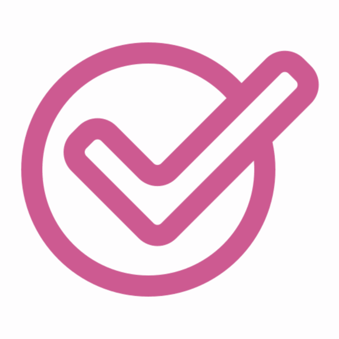 Pink check mark inside circle on black.