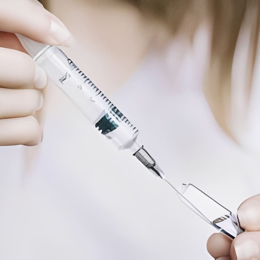 Person preparing syringe with liquid medication.